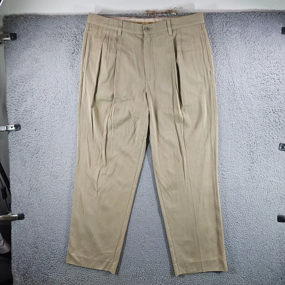 Tommy Bahama Mens 36x30 Silk Bamboo Pleated Pants Khaki Tan Herringbone Dress
